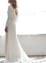 Ivory Sheath Sweep Train Wedding Dress with Long Sleeves Side View