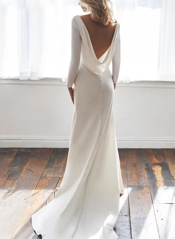 Ivory Sheath Sweep Train Wedding Dress with Long Sleeves