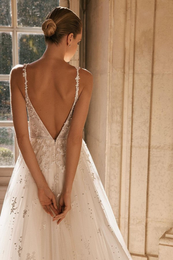 A-Line V-neck Tulle Beading Open Back Long Wedding Dresses