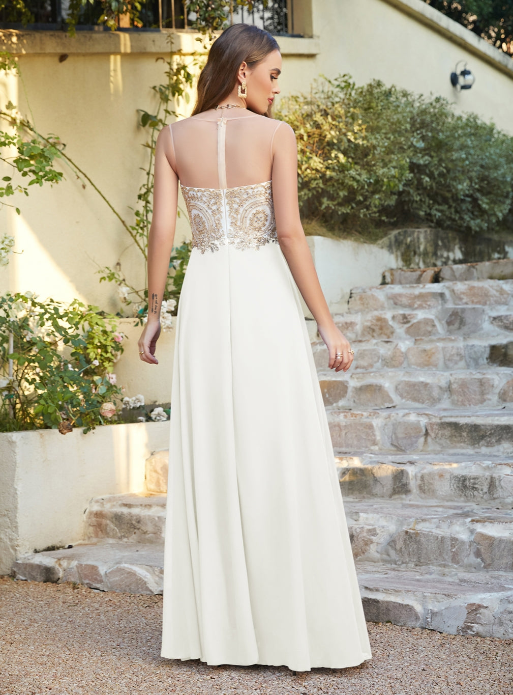Ivory Sweetheart Chiffon A-Line Long Bridesmaid Dress Back View