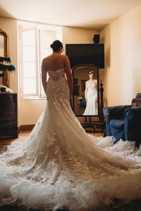 Ivory Sweetheart Mermaid Sweep Train Wedding Dress with Lace Appliques Back View