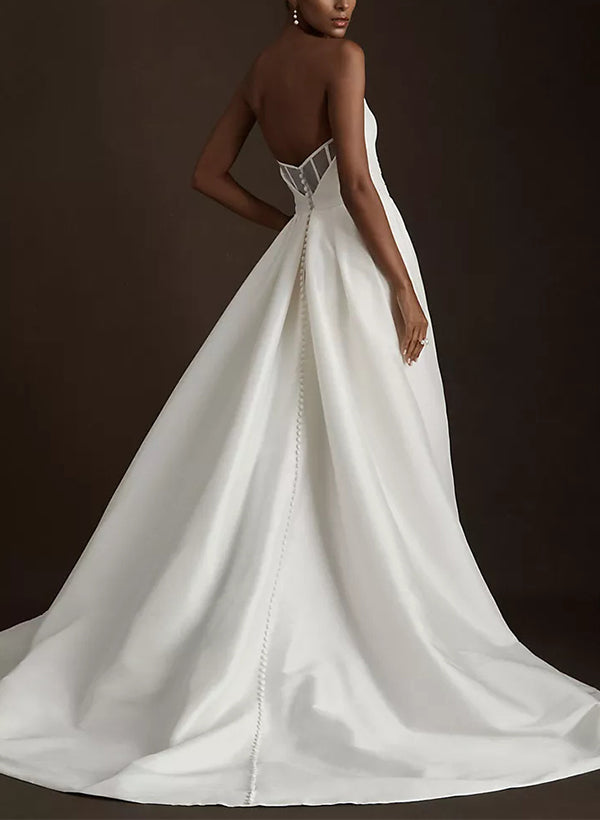 Ivory Sweetheart Satin A-Line Sweep Train Wedding Dress with Slit Back View