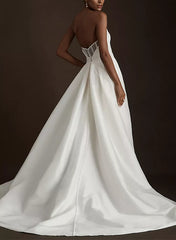 Ivory Sweetheart Satin A-Line Sweep Train Wedding Dress with Slit Back View