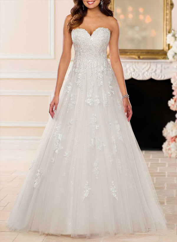 Ivory Sweetheart Tulle A-Line Wedding Dress with Lace Appliques and Court Train