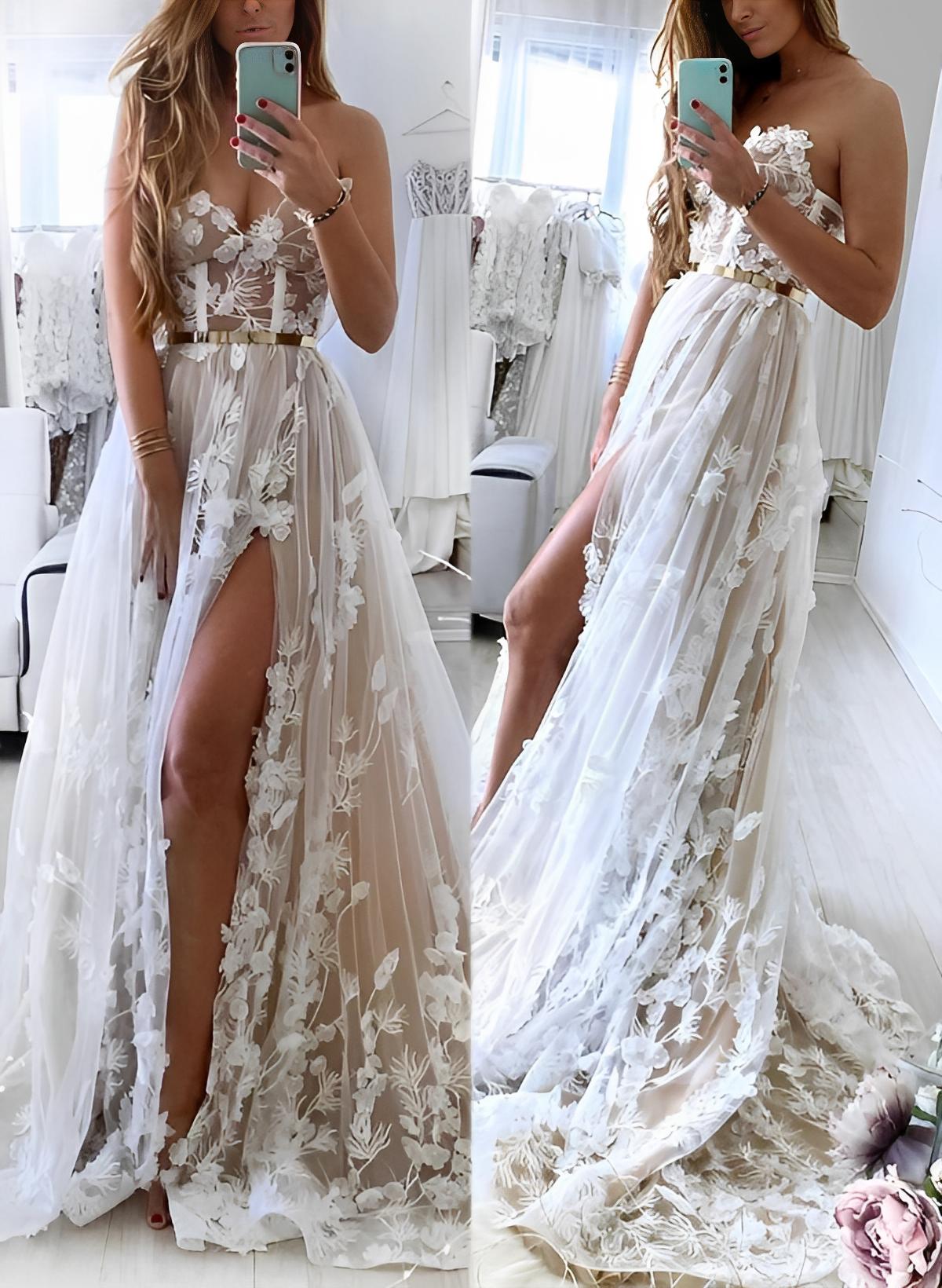 Ivory Sweetheart Tulle A-Line Wedding Dress with Lace Appliques and Slit