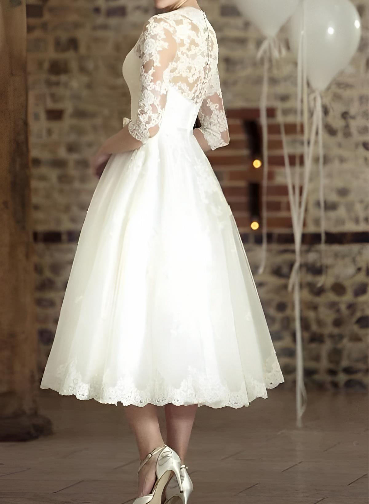 Ivory V-Neck A-Line Wedding Dress with Lace Appliques and Bow Back View
