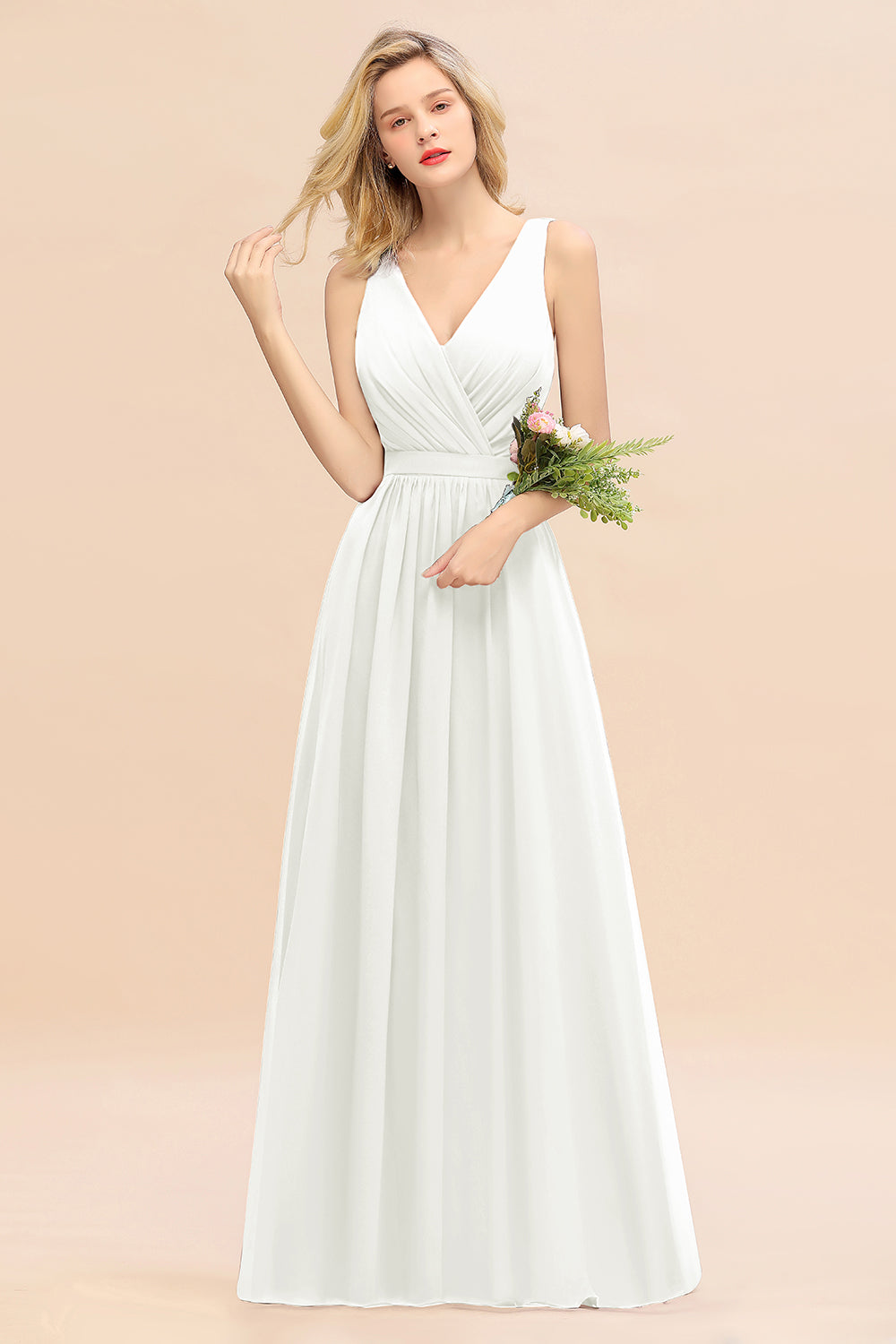 Ivory V-Neck Chiffon A-Line Long Bridesmaid Dress with Ruching