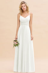 Ivory V-Neck Chiffon A-Line Long Bridesmaid Dress with Ruching