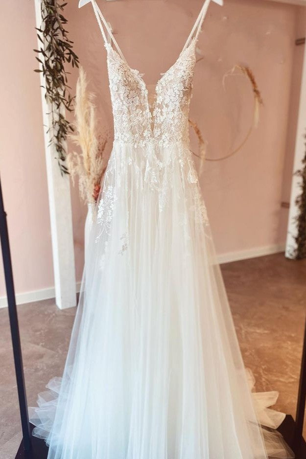 Ivory V-Neck Tulle A-Line Chapel Train Wedding Dress with Lace Appliques
