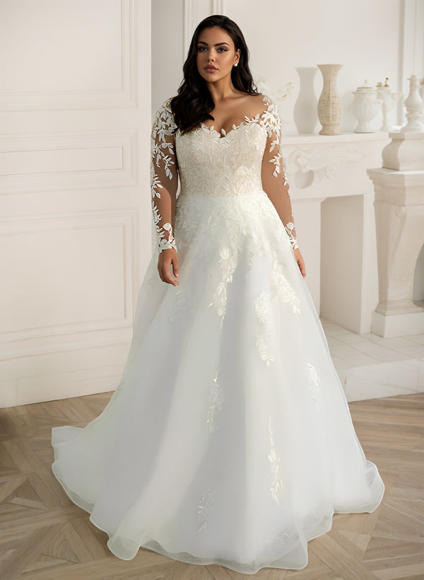 Ivory V-Neck Tulle A-Line Sweep Train Wedding Dress with Lace Appliques and Long Sleeves