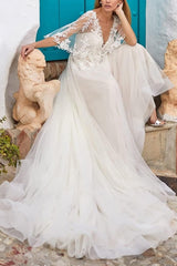 Ivory V-Neck Tulle A-Line Sweep Train Wedding Dress with Lace Appliques and Short Sleeves