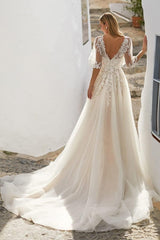 Ivory V-Neck Tulle A-Line Sweep Train Wedding Dress with Lace Appliques and Short Sleeves Back View