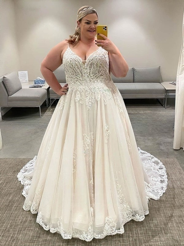 Ivory V-Neck Tulle A-Line Wedding Dress with Lace Appliques