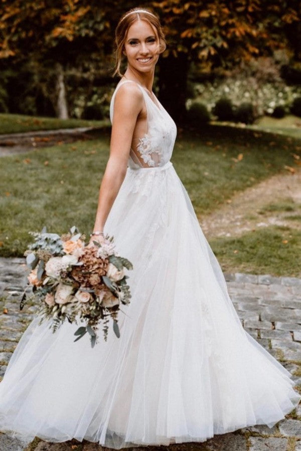 Ivory V-Neck Tulle A-Line Wedding Dress with Lace Appliques
