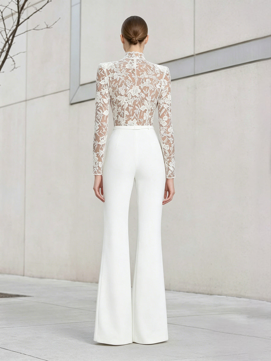 Jumpsuit High Neck Long Sleeves Long Evening Dresses with Lace Applique - White