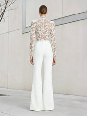 Jumpsuit High Neck Long Sleeves Long Evening Dresses with Lace Applique - White