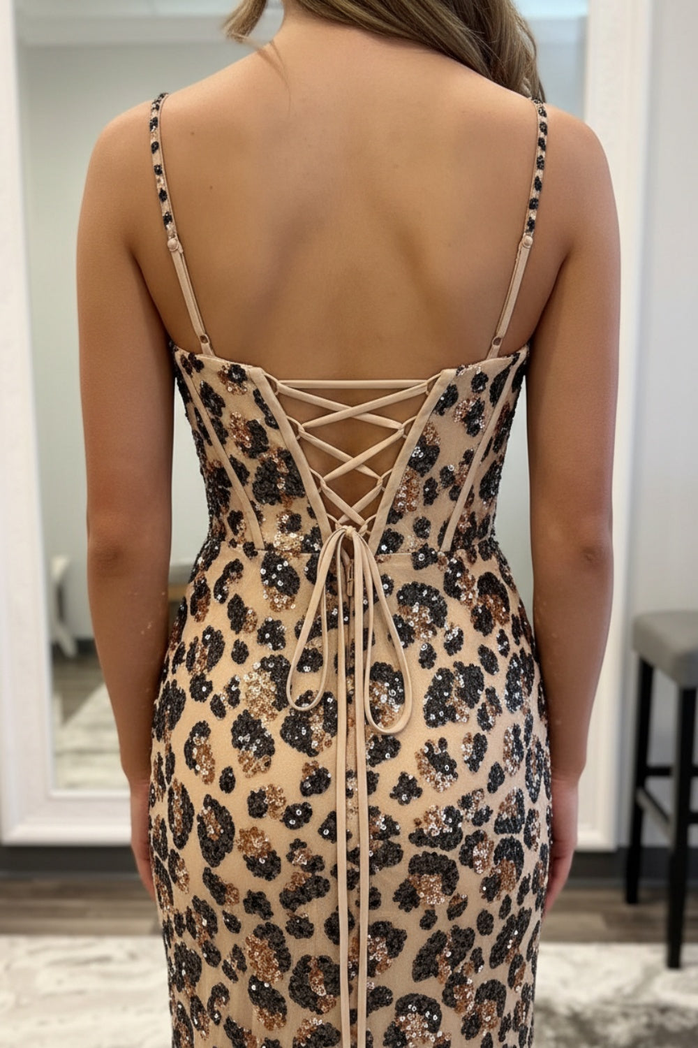 27dress Leopard Spaghetti Straps Mermaid Long Prom Dress with Slit-Front