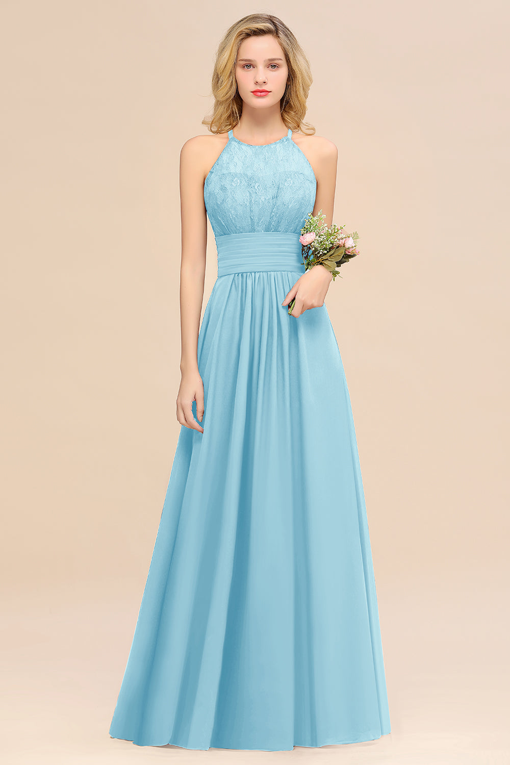 Light Blue Halter Chiffon A-Line Long Bridesmaid Dress