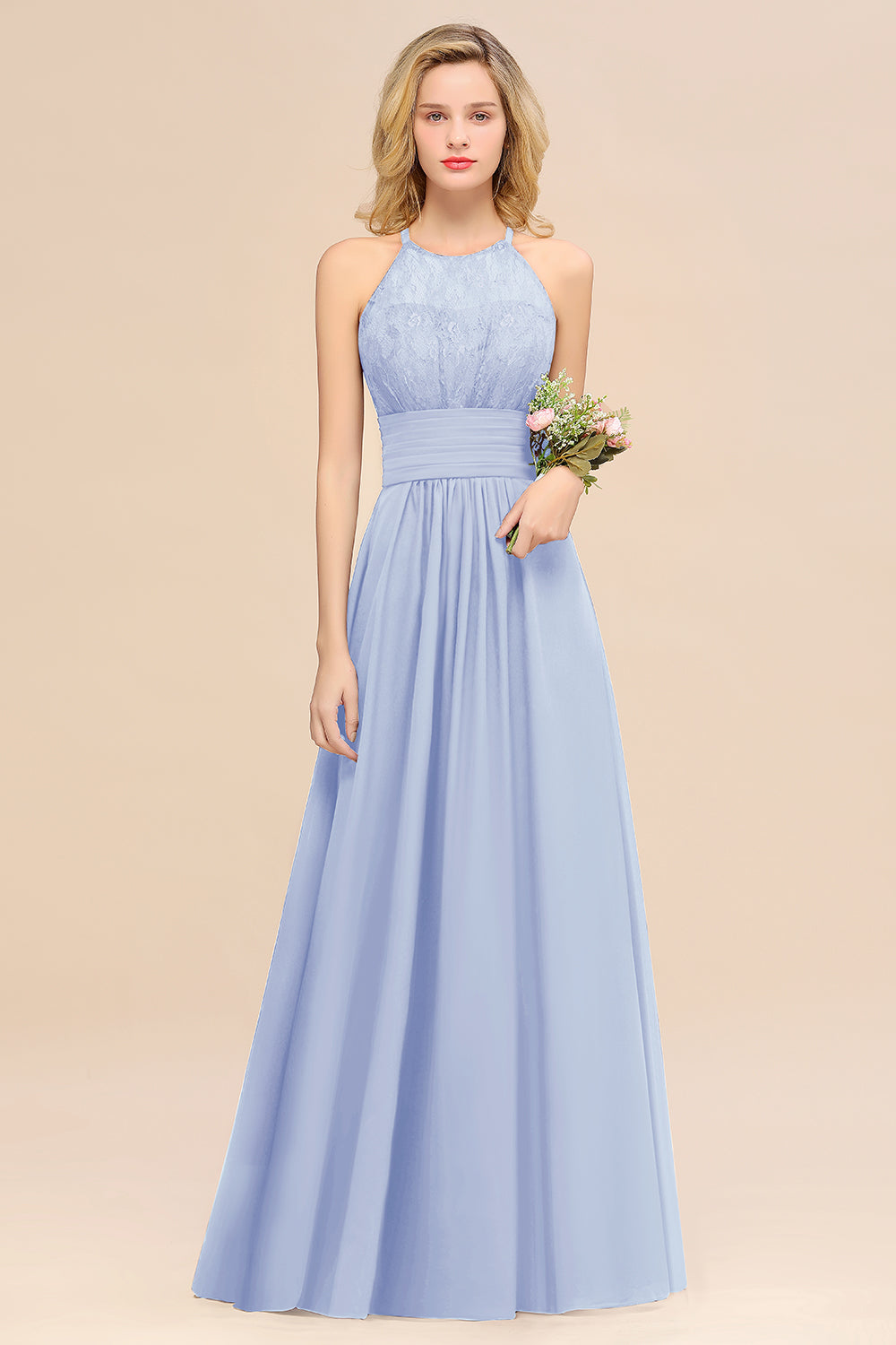 Light Blue Halter Chiffon A-Line Long Bridesmaid Dress