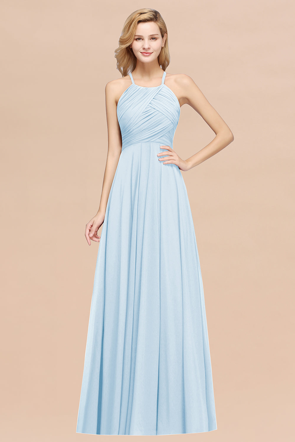 Light Blue Halter Chiffon A-Line Long Bridesmaid Dress with Ruching