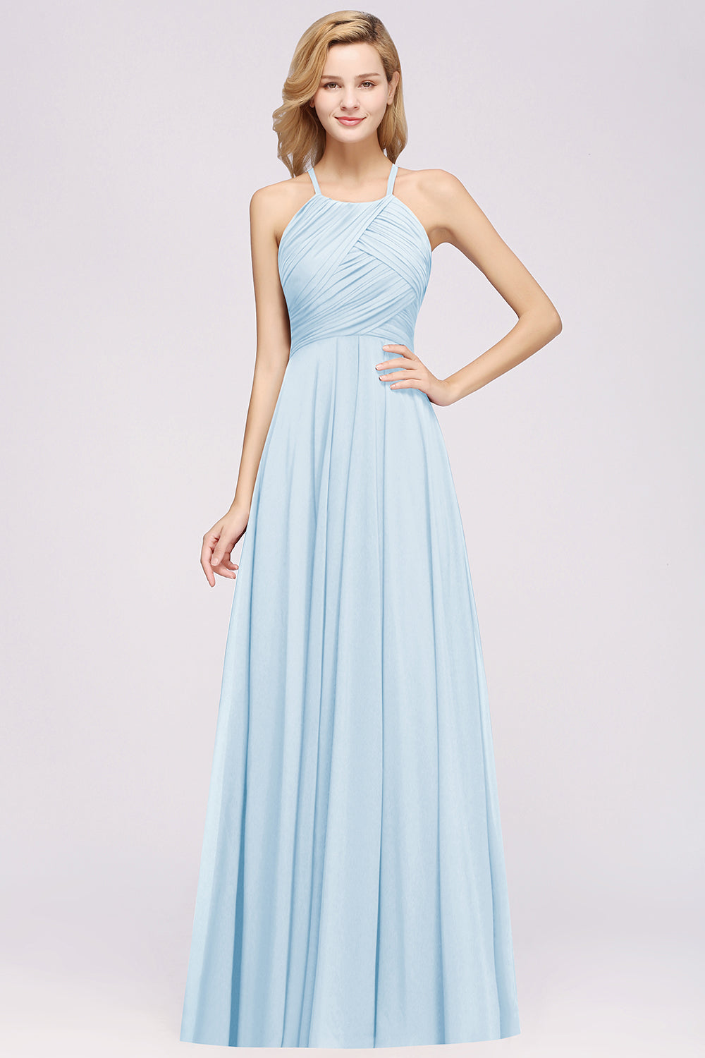 Light Blue Halter Chiffon A-Line Long Bridesmaid Dress with Ruching