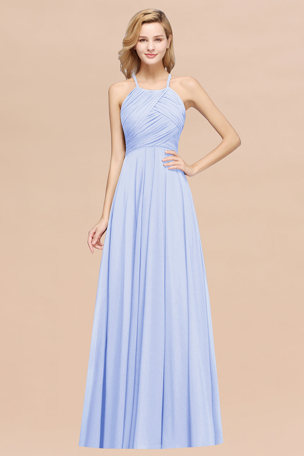 Light Blue Halter Chiffon A-Line Long Bridesmaid Dress with Ruching