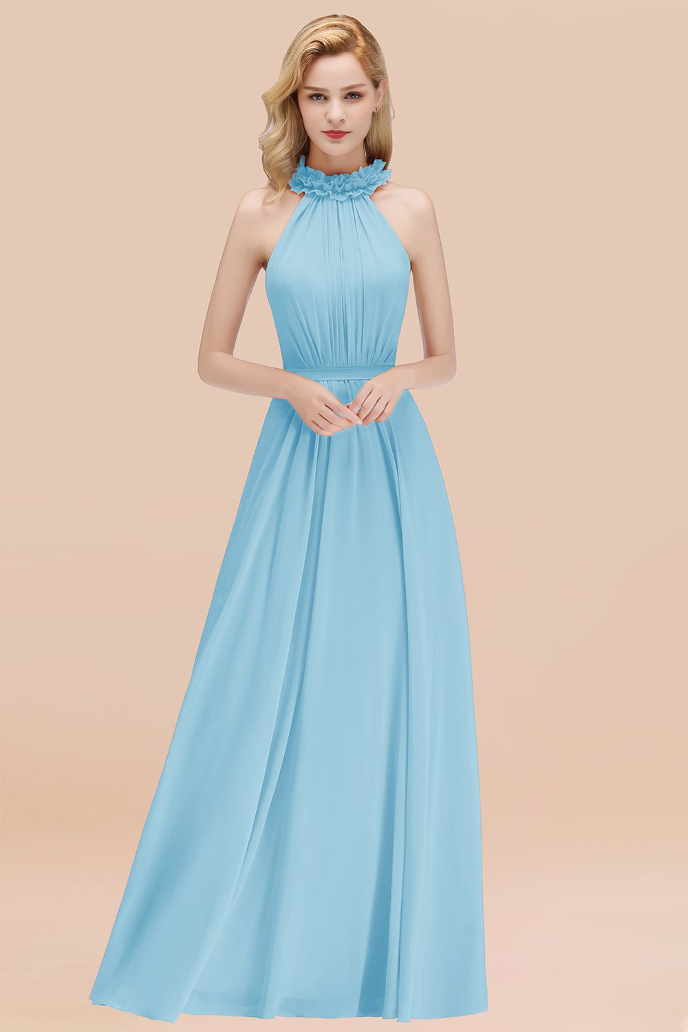 Light Blue High Neck Chiffon A-Line Long Bridesmaid Dress