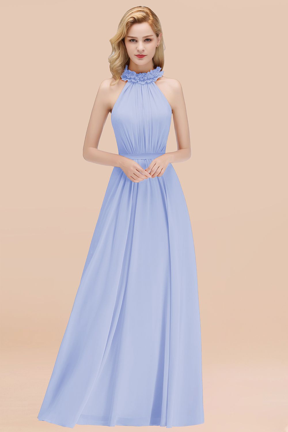 Light Blue High Neck Chiffon A-Line Long Bridesmaid Dress