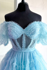 Light Blue Off The Shoulder Tulle A-Line Homecoming Dress Bodice Detail