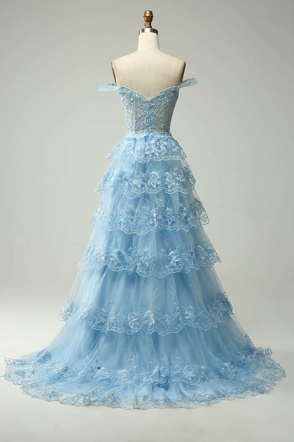 Light Blue Off The Shoulder Tulle A-Line Long Prom Dress with Slit Back View