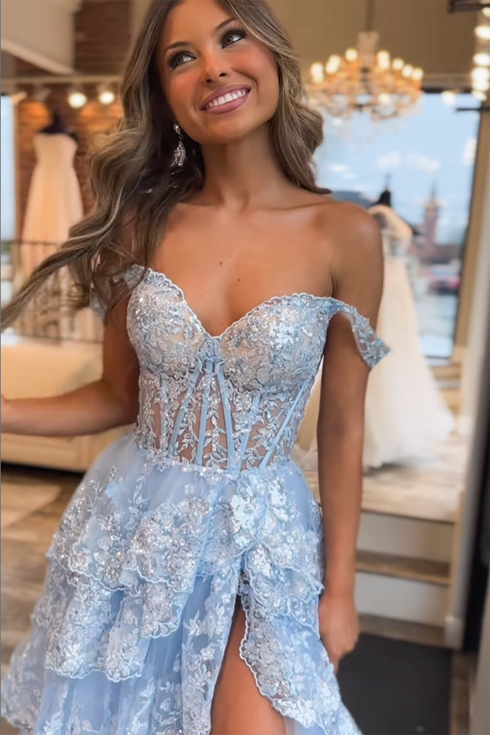 Light Blue Off The Shoulder Tulle A-Line Long Prom Dress with Slit Bodice Detail
