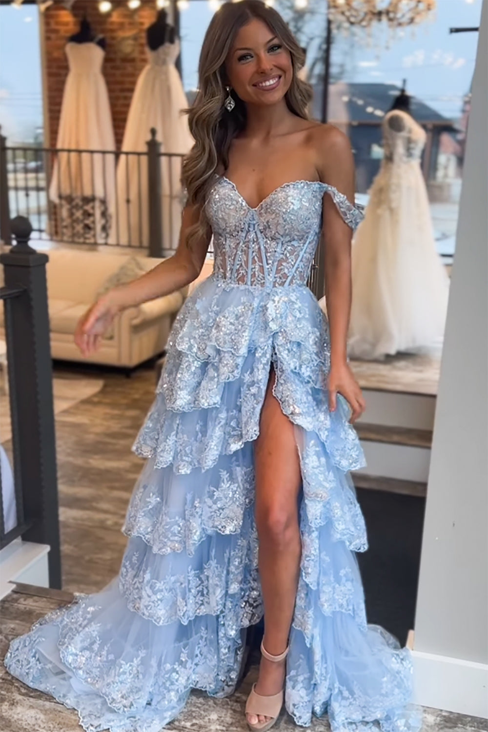 Light Blue Off The Shoulder Tulle A-Line Long Prom Dress with Slit