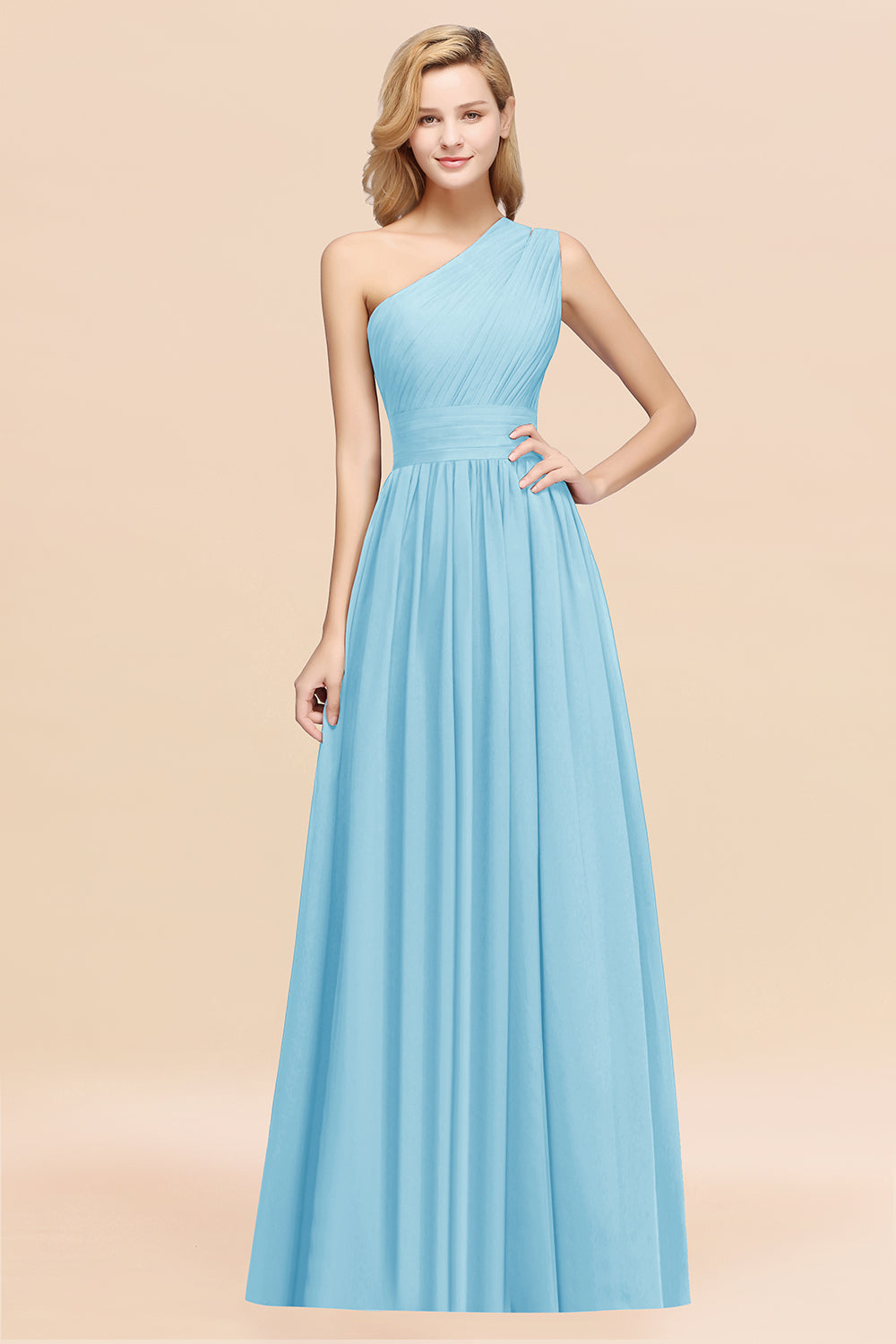 Light Blue One Shoulder Chiffon A-Line Long Bridesmaid Dress