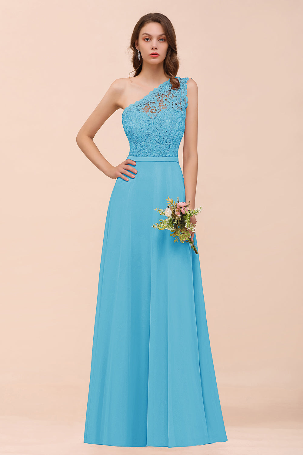 Light Blue One Shoulder Chiffon A-Line Long Bridesmaid Dress