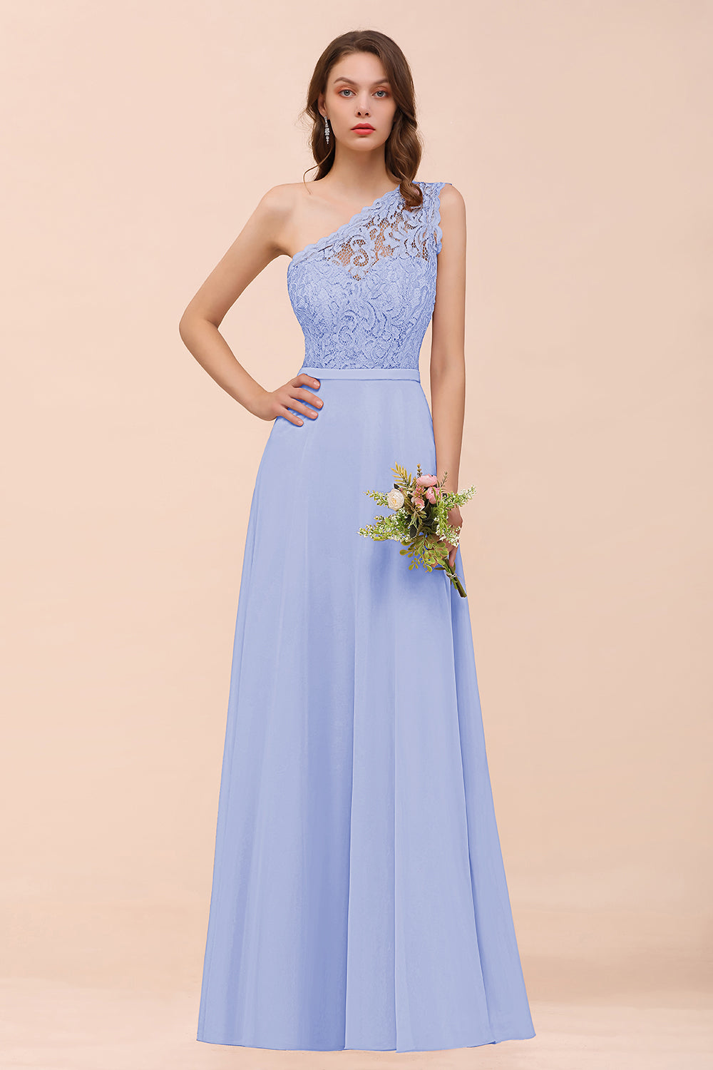 Light Blue One Shoulder Chiffon A-Line Long Bridesmaid Dress