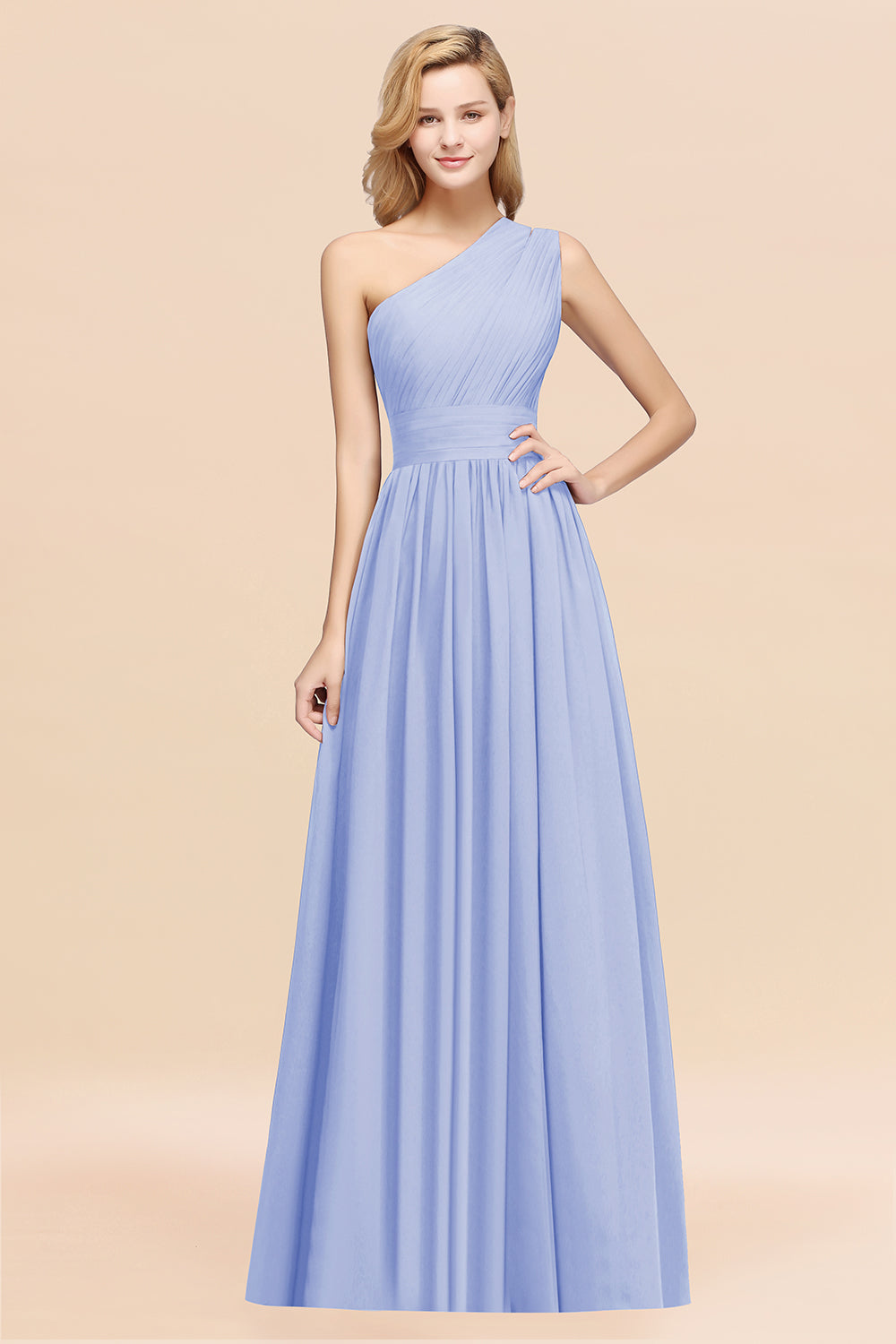 Light Blue One Shoulder Chiffon A-Line Long Bridesmaid Dress