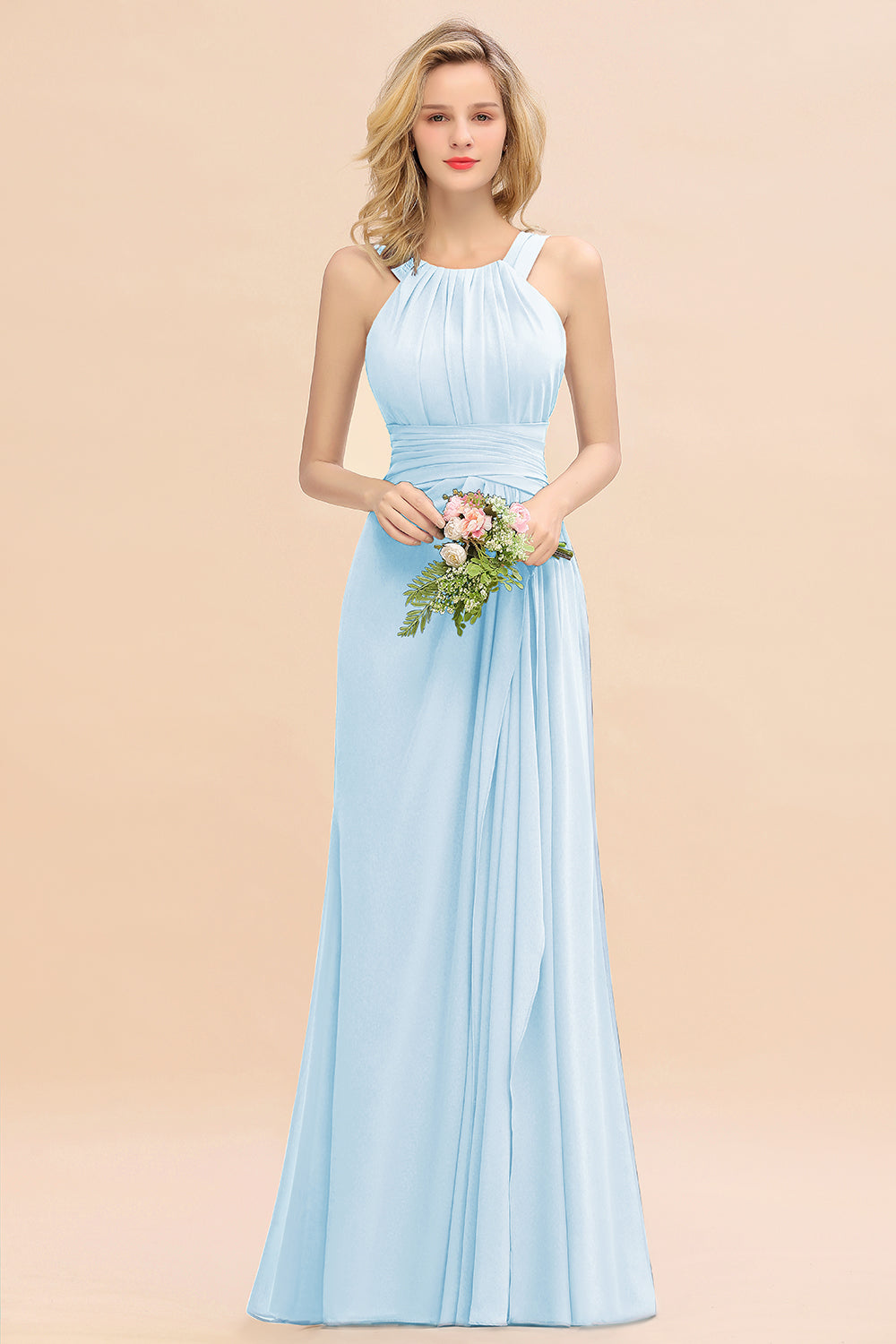 Light Blue Scoop Neck Chiffon A-Line Long Bridesmaid Dress