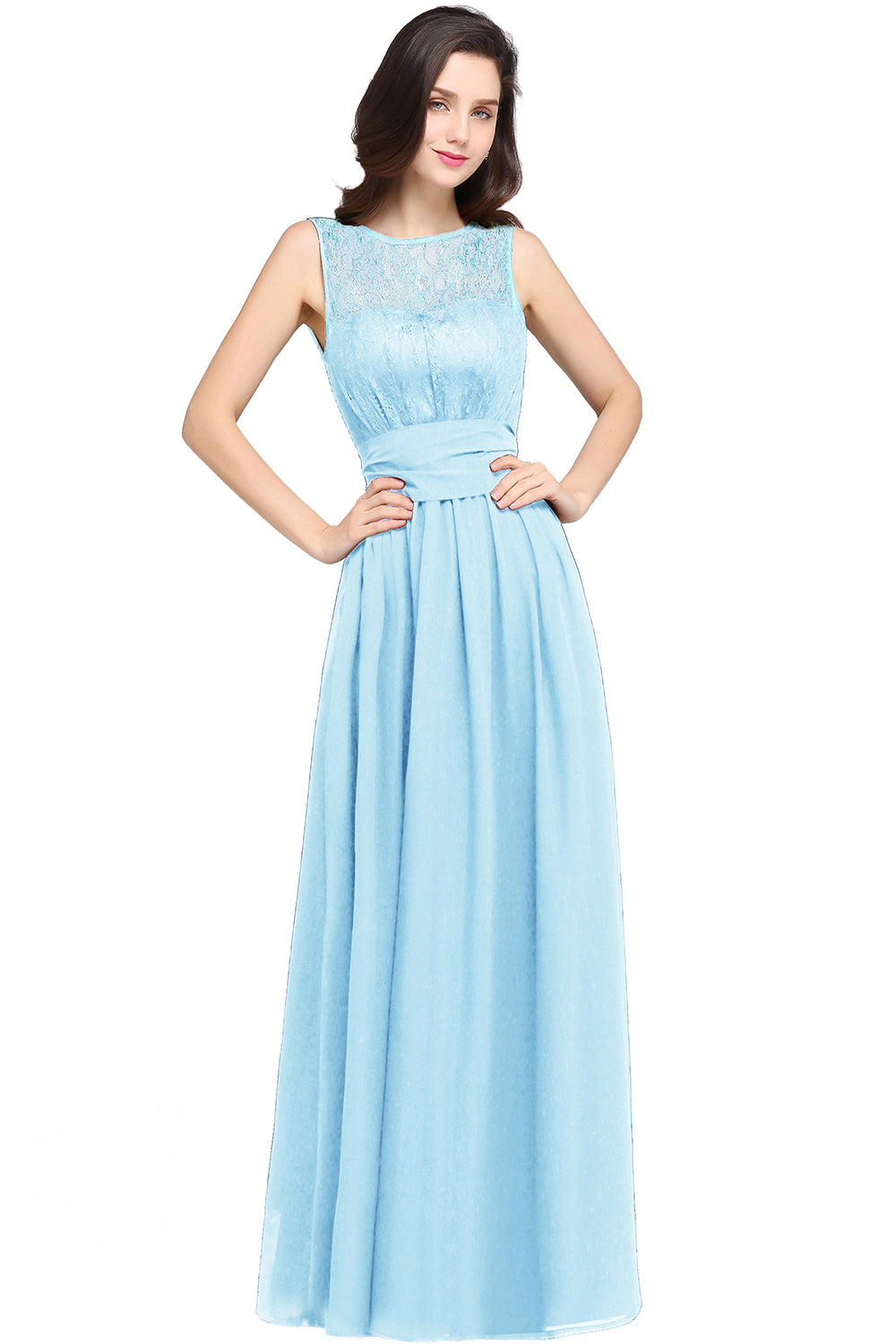 Light Blue Scoop Neck Chiffon A-Line Long Bridesmaid Dress