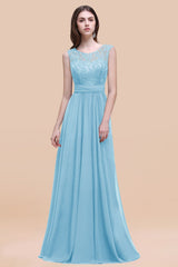 Light Blue Scoop Neck Chiffon A-Line Long Bridesmaid Dress