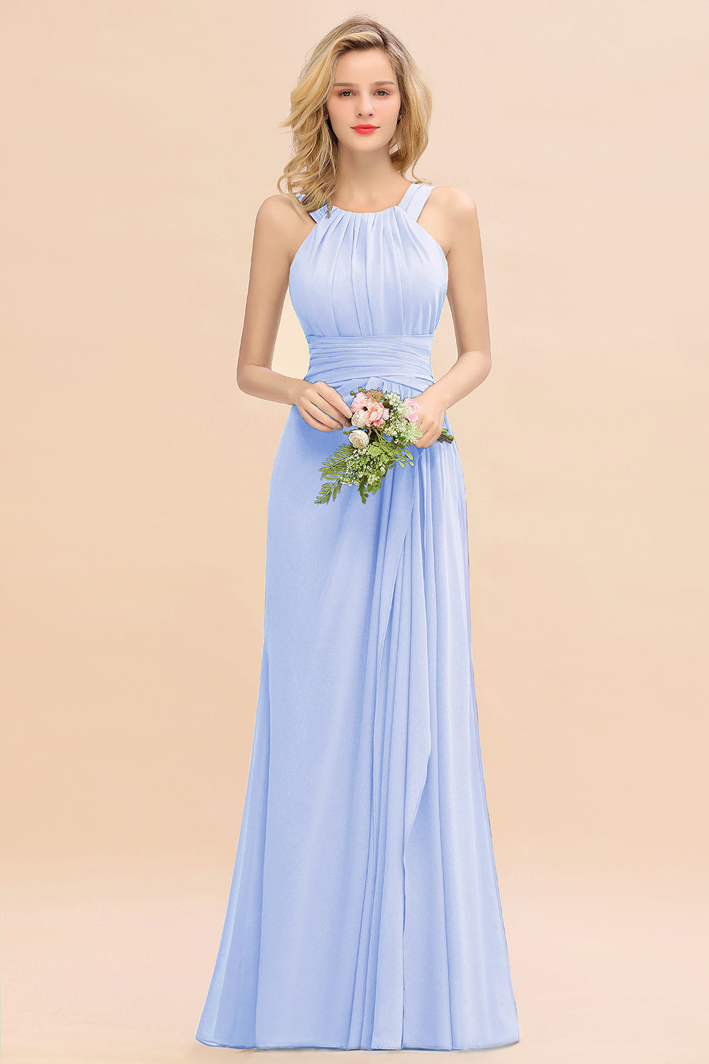 Light Blue Scoop Neck Chiffon A-Line Long Bridesmaid Dress