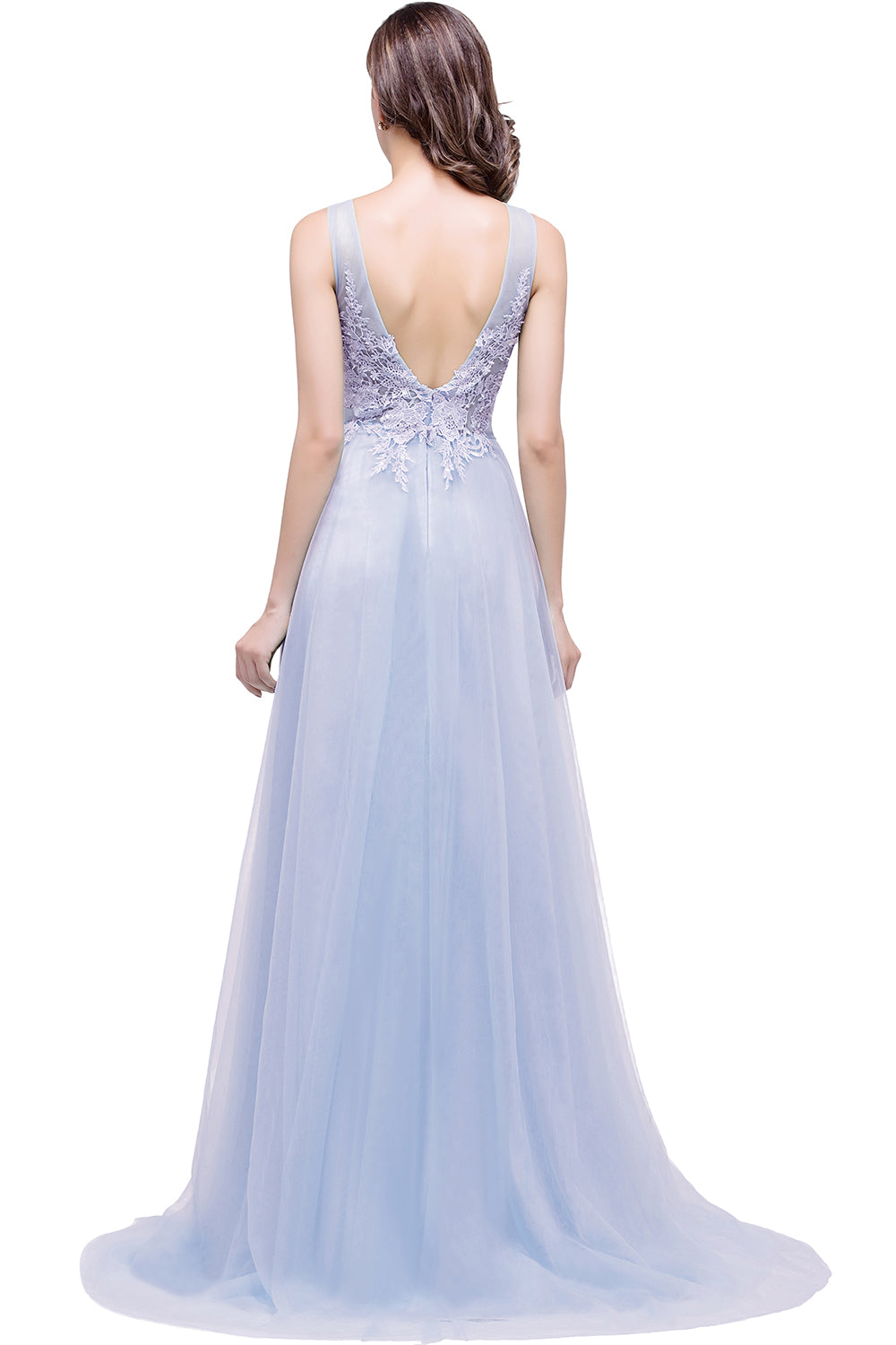 Light Blue Scoop Neck Tulle A-Line Long Bridesmaid Dress Back View