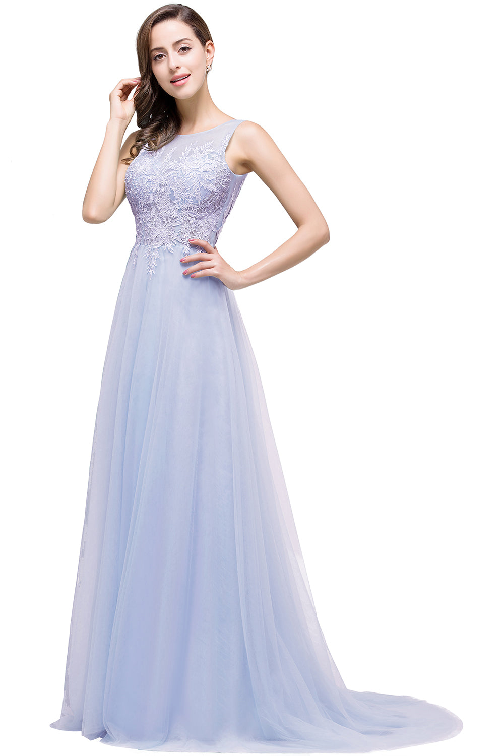 Light Blue Scoop Neck Tulle A-Line Long Bridesmaid Dress