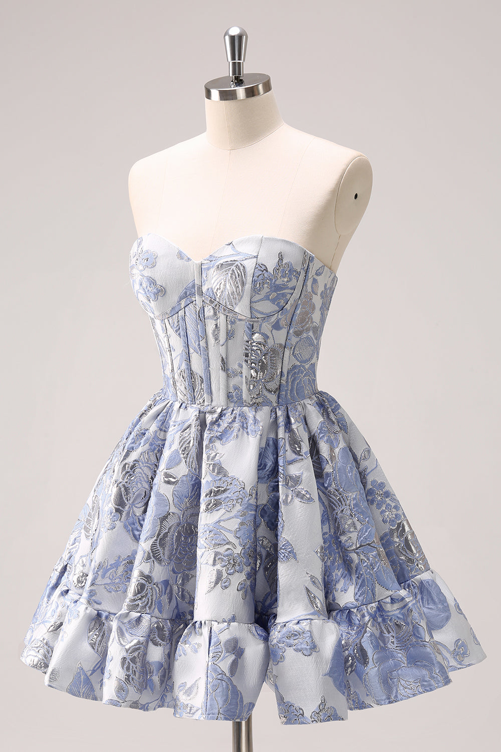 Light Blue Sweetheart A-Line Homecoming Dress with Floral Details and Corset Bodice Side View