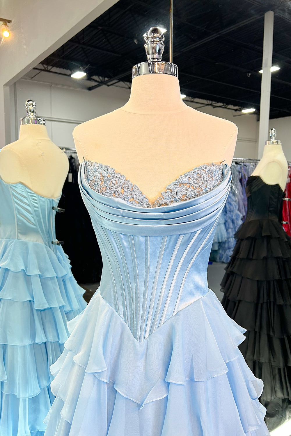 Light Blue Sweetheart A-Line Long Prom Dress with Slit Bodice Detail