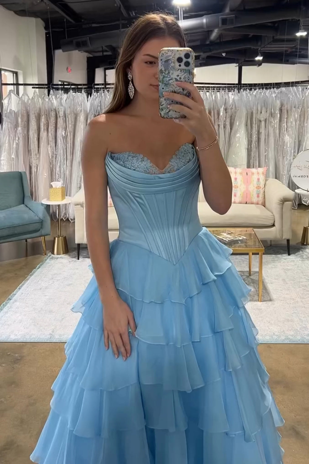 Light Blue Sweetheart A-Line Long Prom Dress with Slit Bodice Detail