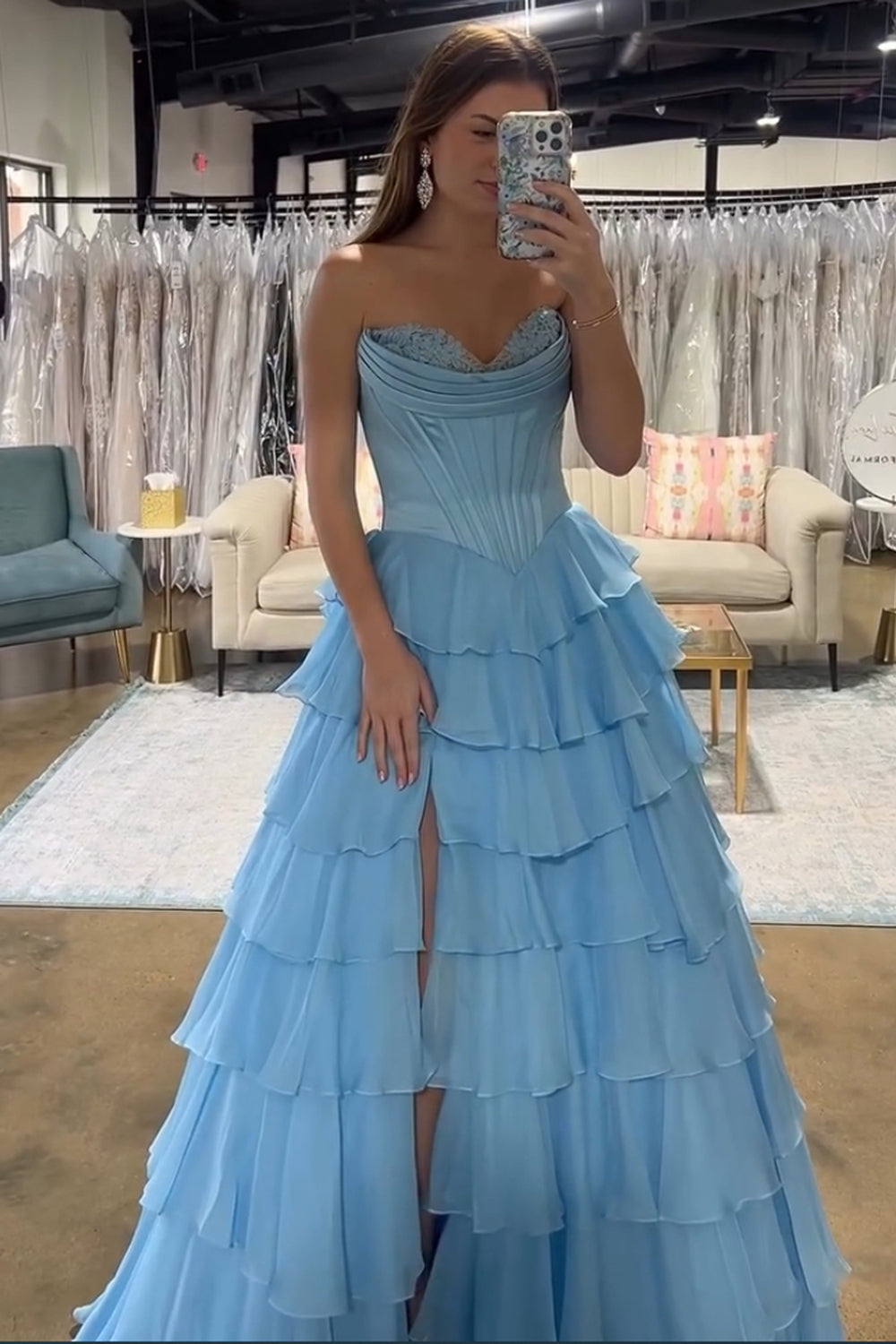 Light Blue Sweetheart A-Line Long Prom Dress with Slit