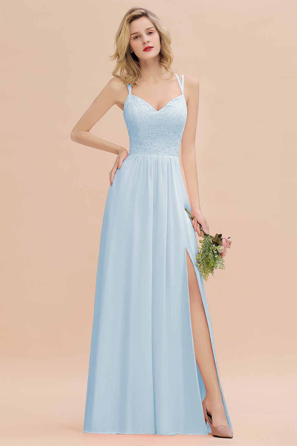 Light Blue Sweetheart Chiffon A-Line Long Bridesmaid Dress with Slit