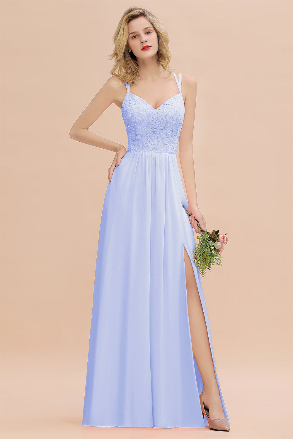 Light Blue Sweetheart Chiffon A-Line Long Bridesmaid Dress with Slit