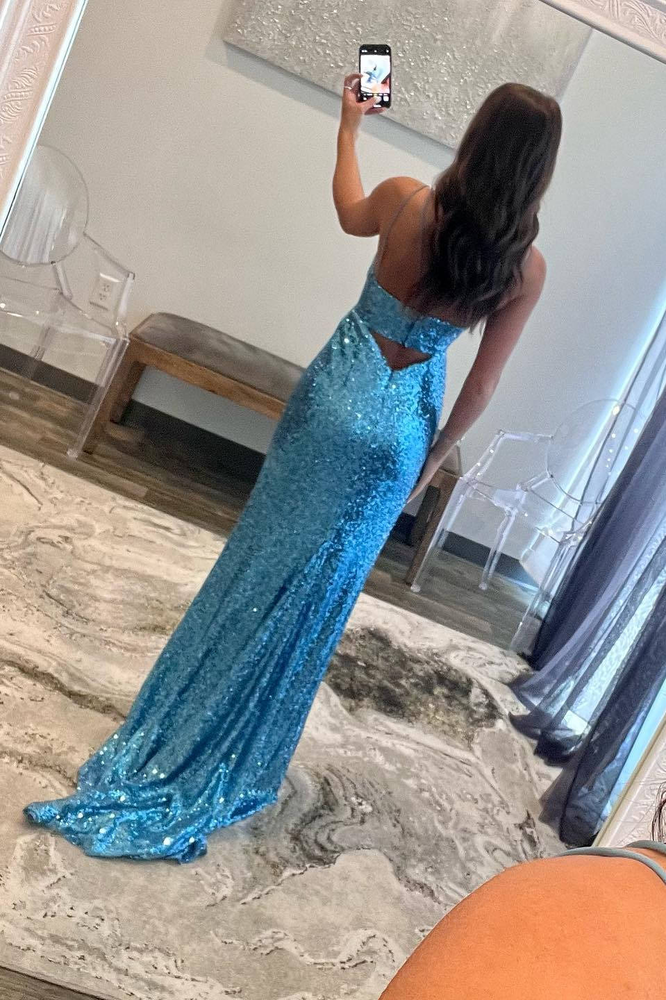 Light Blue Sweetheart Sequin Sheath Long Prom Dress with Slit Back View