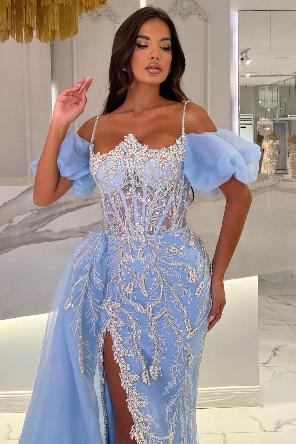 Light Blue Sweetheart Sheath Prom Dress with Beading and Slit